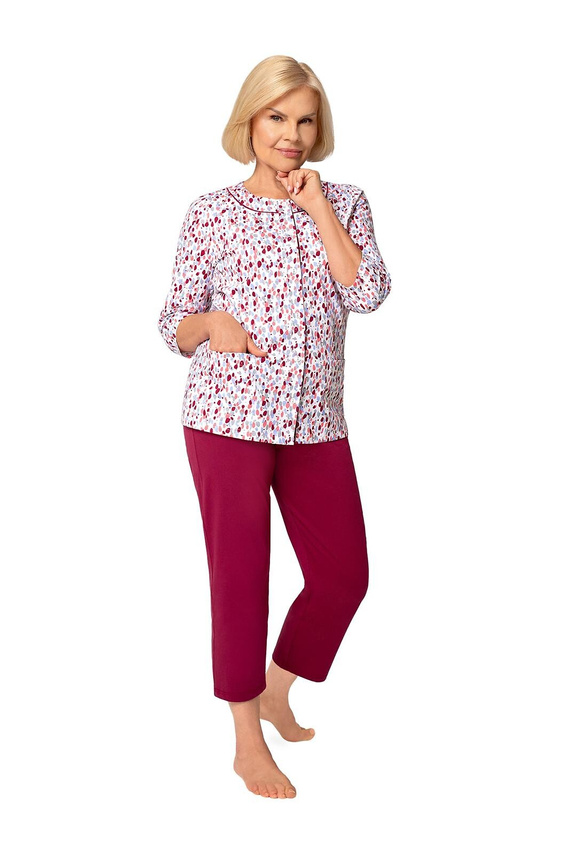 201 Maria II Pigiama donna Martel bordeaux 42 – cotone, maglia a fiori, manica 3/4, pantaloni 3/4, comfort del sonno