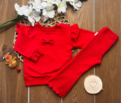 Mamatti DR714 tuta da ragazza rossa in cotone felpa con fiocco pantaloni a zampa