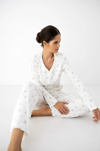 Pigiama donna Sensis Vida ecru in cotone con fiori, manica lunga e pantaloni
