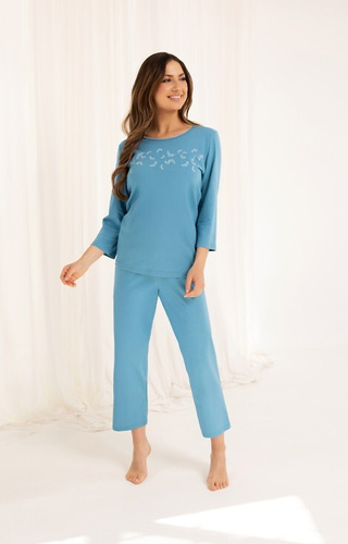 724 Pigiama da donna in cotone blu Regina - T-shirt manica 3/4 + pantaloni 7/8