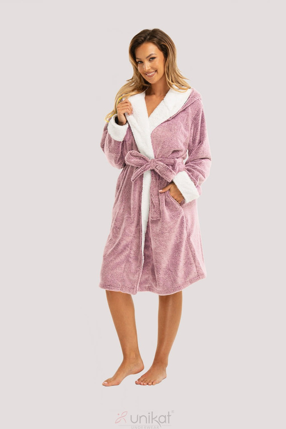 Accappatoio da donna Sharon Unikat - rosa, morbido con cappuccio e cintura, soffice e leggero