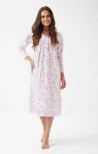 338 Camicia da notte Luna rosa - cotone con motivo floreale, lunga con bottoni