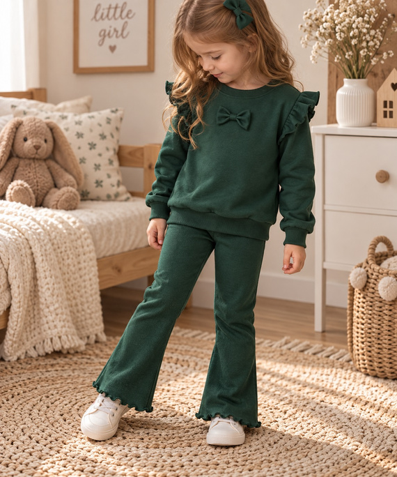 Mamatti DR719 tuta da ragazza in cotone verde felpa con fiocco pantaloni a zampa