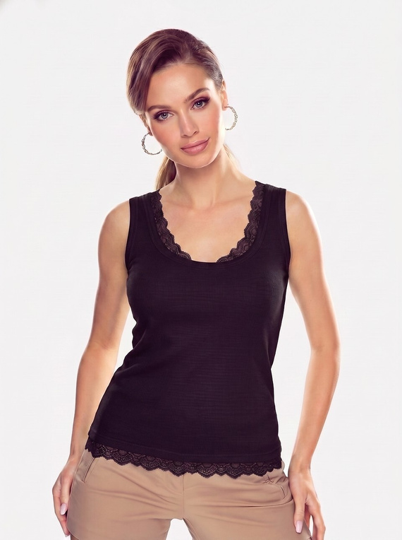 Martyna Eldar maglia donna nera – viscosa a coste, pizzo, spalline larghe