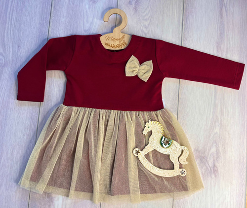 Abito di Buon Natale per bambina SH04 Mamatti - marrone, manica lunga, fondo in tulle oro