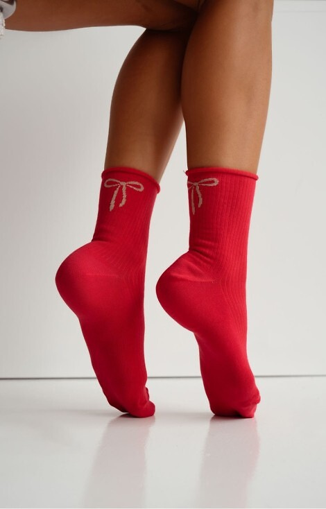 0200-193 Calze da donna con fiocco Milena rosso-cotone a coste