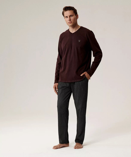 Pigiama da uomo NMP-389 Atlantic - cotone color vino, manica lunga, set elegante per le notti fredde