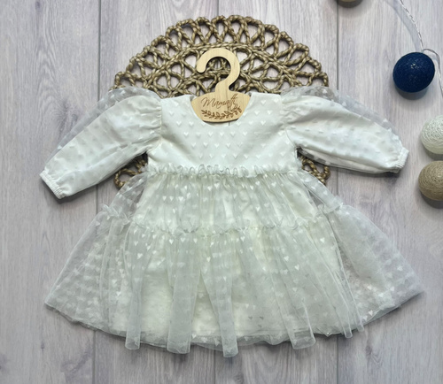 Vestito bambina Mamatti SZ354 in cotone con tulle manica lunga - ecru