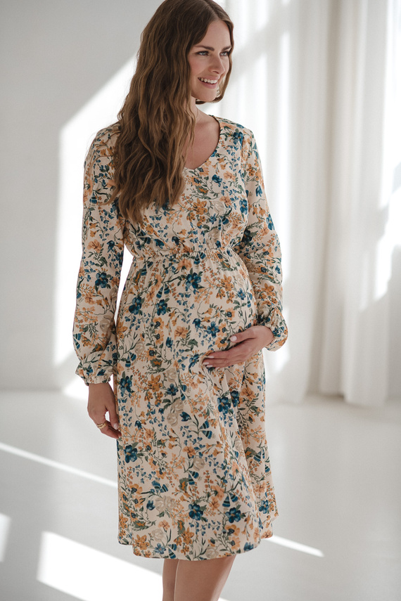 Lovely Dress Midi Milk&Love, abito premaman e da allattamento beige a fiori in lino, taglio elegante con cerniere da allattamento