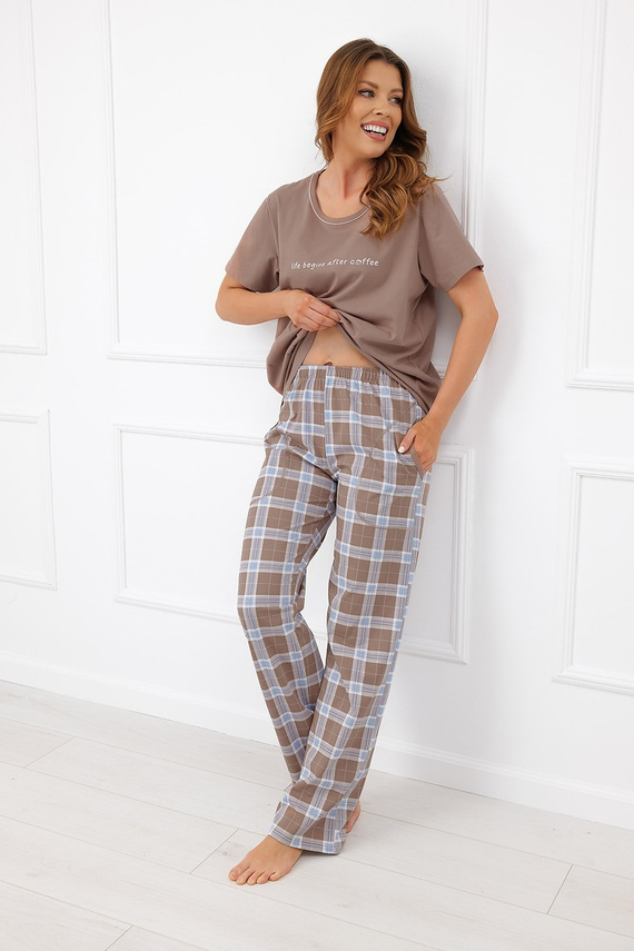 Pigiama donna Italian Fashion Delma 100% cotone a quadri pantaloni lunghi cappuccino