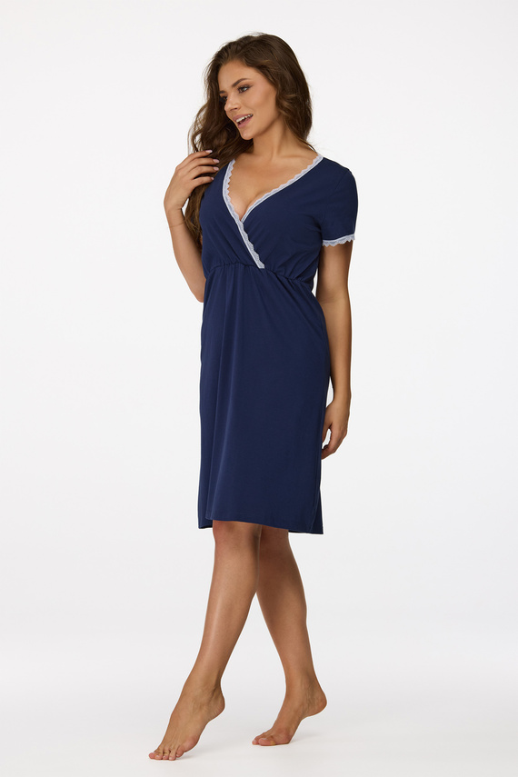 no. 36 Camicia da notte da gravidanza Senizo blu navy - 100% cotone, pizzo, manica corta, per allattamento