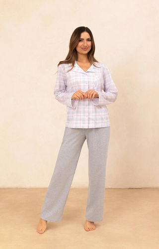 727 Pigiama da donna grigio Regina - 100% cotone, a quadri, camicia con bottoni