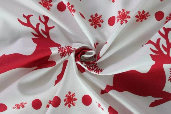 4A Xmass Biancheria da letto natalizia in cotone Spod Igły i Nitki - renna fiocchi di neve strisce bianco rosso, set con cerniera, 100% cotone