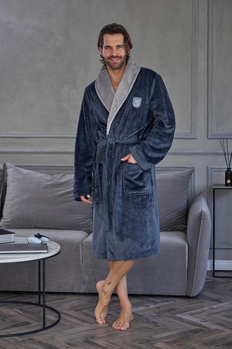 Accappatoio Uomo L&L 2675 Blu Navy Cotone Colletto Sciarpa Classico