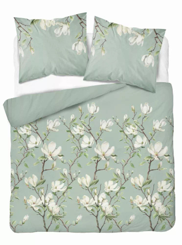 5497 B Biancheria da letto in cotone menta con fiori di magnolia bianchi Naturalis- Detexpol