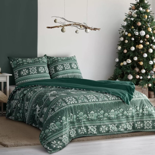 Biancheria da letto natalizia Clover Eurofirany verde scuro - cotone ranforce, reversibile