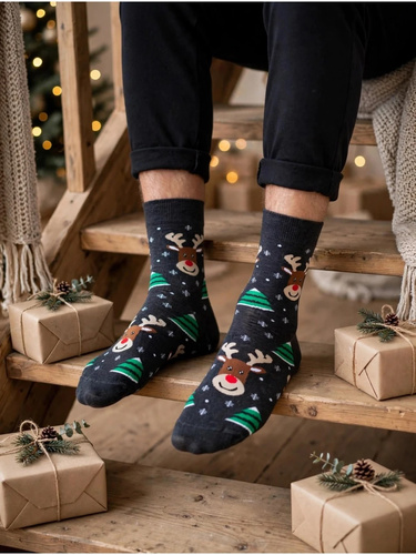 Calze uomo Milena 1290-043 Renne e Alberi di Natale in cotone, colore melange scuro