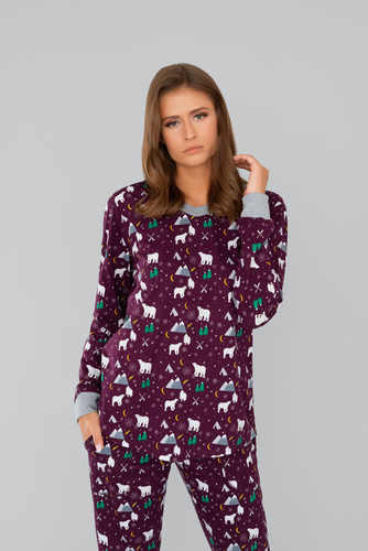 Ava Pigiama e pantaloni a maniche lunghe da donna Italian Fashion- stampa bordeaux