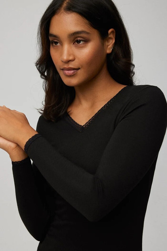 T-shirt termica da donna Ysabel Mora 70018 negro- calda, traspirante, in pizzo e a maniche lunghe