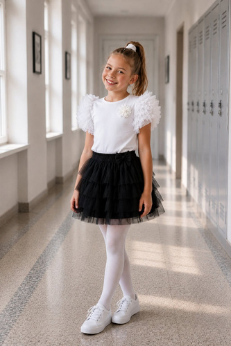 Inez Bambarillo Blusa Bambina con Balze in Tulle e Cotone white