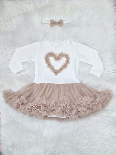 Body-dress Mia a maniche lunghe Bambarillo - ecrù e beige, cotone con tulle