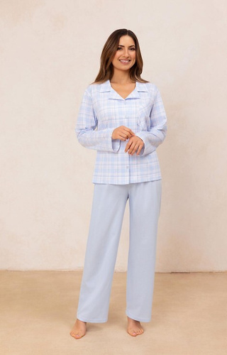 727 Pigiama da donna blu Regina - 100% cotone, a quadri, camicia con bottoni