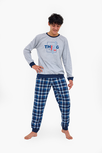 967/54 Thing Cornette Pigiama grigio - 100% cotone, stampa, pantaloni a quadretti