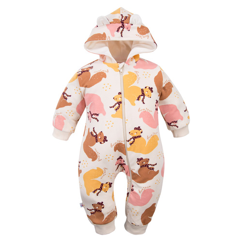 Tuta da ginnastica Fluffy Tails Eevi per bambini - ecru, con cappuccio e stampa autunnale