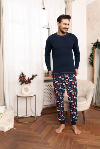 Rojas Pigiama da uomo a maniche lunghe, pantaloni lunghi Moda italiana - blu navy/stampa