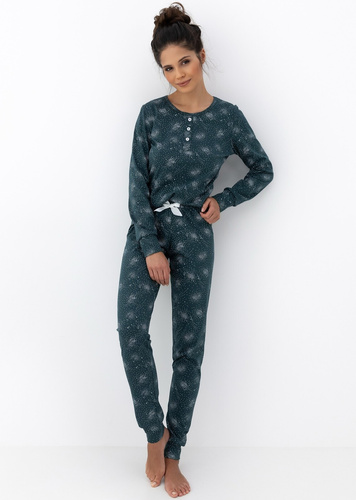 Pigiama Ellison Sensis donna verde - pigiama a maniche lunghe in cotone con polsini a costine