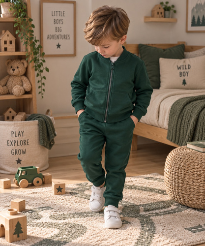 Mamatti DR919 tuta bambini in cotone verde con felpa con zip e collo alto, pantaloni con tasche
