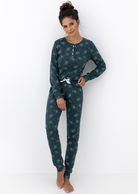 Pigiama Ellison Sensis donna verde - pigiama a maniche lunghe in cotone con polsini a costine