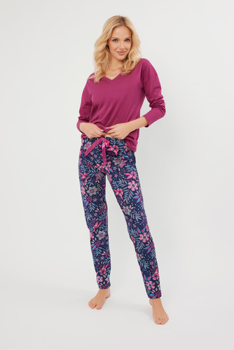 Pigiama donna Folk manica lunga, pantaloni lunghi Moda Italiana - mora/stampa