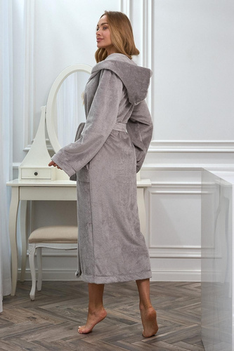 L&L 2602 Honey Accappatoio lungo da donna con cappuccio, morbido, con cintura, grigio