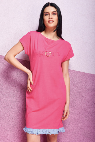 Oxksana Camicia da notte rosa - 100% cotone, cuore ricamato, pizzo e volant