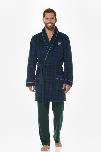 2456 BJ Accappatoio da uomo L&L blu navy - morbido, a quadri con colletto