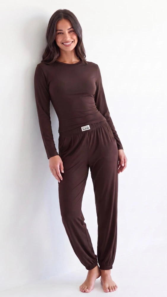 Pigiama donna Luna 1318 in viscosa 95% manica lunga pantaloni con polsini - cioccolato
