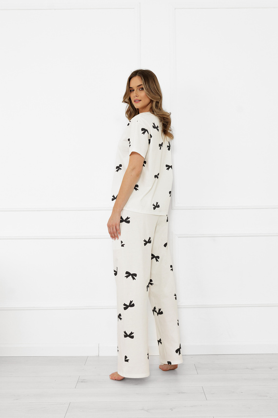 Pigiama da donna Figaro - ecru, cotone, manica corta + pantaloni lunghi Moda italiana