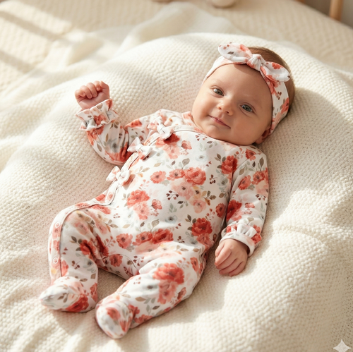 ABK-0054 Completo Neonato NINI Roses Cotone Organico Pagliaccetto con Fascia