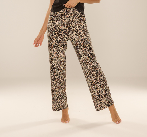 852 Kendall De Lafense - pantaloni del pigiama da donna, lunghi, stampa leopardo, viscosa, lucidati - marrone