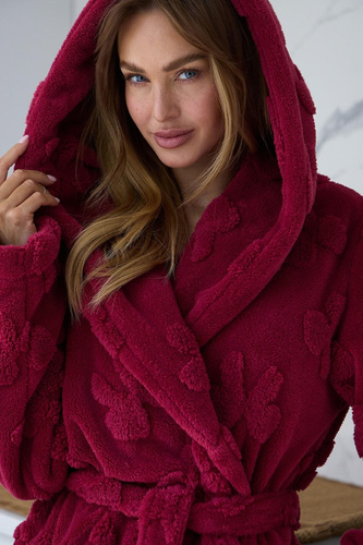 L&L Maya 2631 Accappatoio donna lungo con cappuccio morbido goffrato - sangria