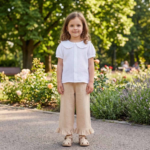 Pantaloni estivi larghi da ragazza Nicol 224332 in mussola 100% cotone beige