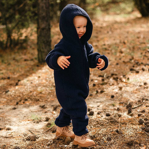 Tuta per neonato in lana merino Eevi - blu navy, morbida e traspirante