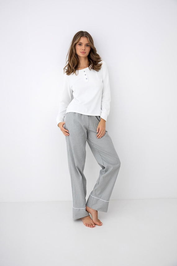 Sensis Salma pigiama donna ecru-grigia con manica lunga e pantaloni a righe