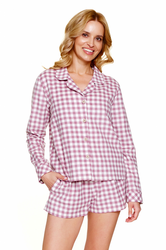 Doctor Nap 7301 - Pigiama donna in cotone a quadri con top a camicia - malva