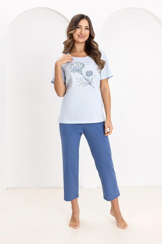 Pigiama da donna in cotone Regina 734 blu- 100% cotone, manica corta, camicia stampata, pantaloni 7/8, comfort premium