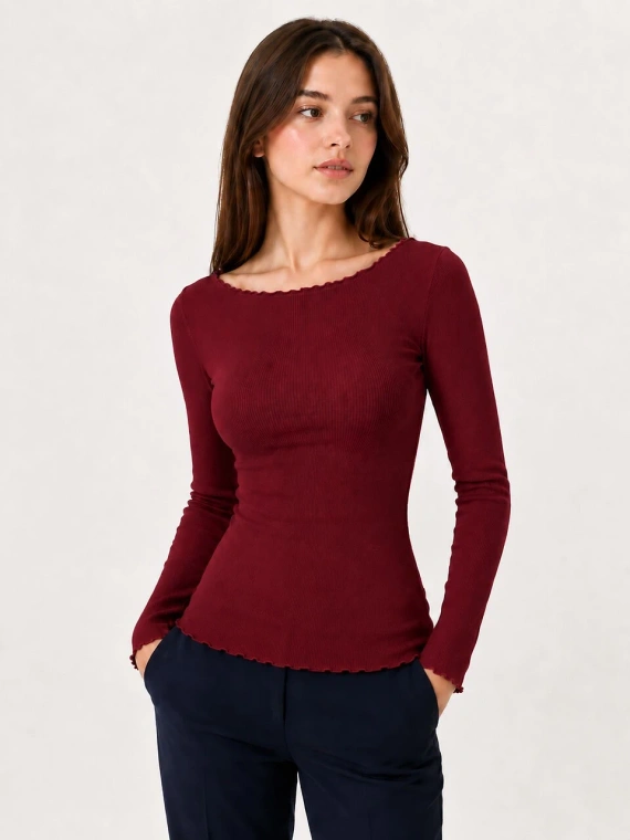 Blusa donna Raily Eldar Active in viscosa a coste, manica lunga, scollo barca, bordeaux