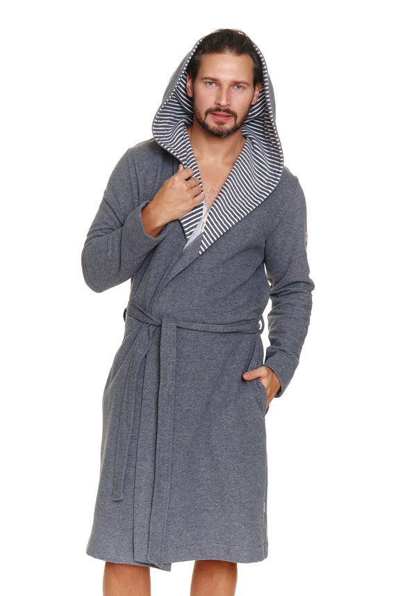 7230 Accappatoio da uomo Doctor Nap - cotone, cappuccio, finiture eleganti - grigio scuro