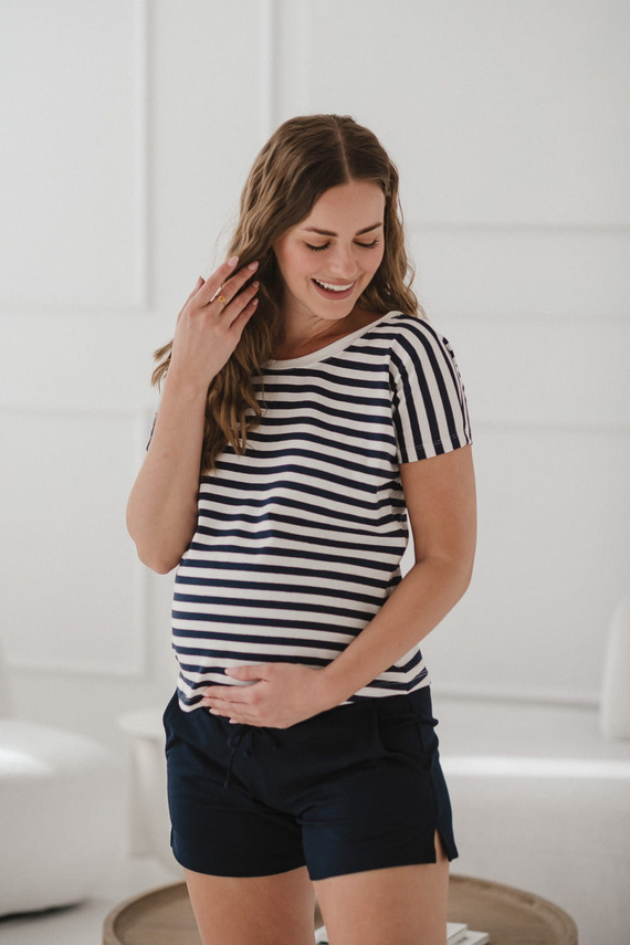 Camicetta per gravidanza e allattamento Two Ways - manica corta, comoda Milk&Love a righe bianche e blu navy