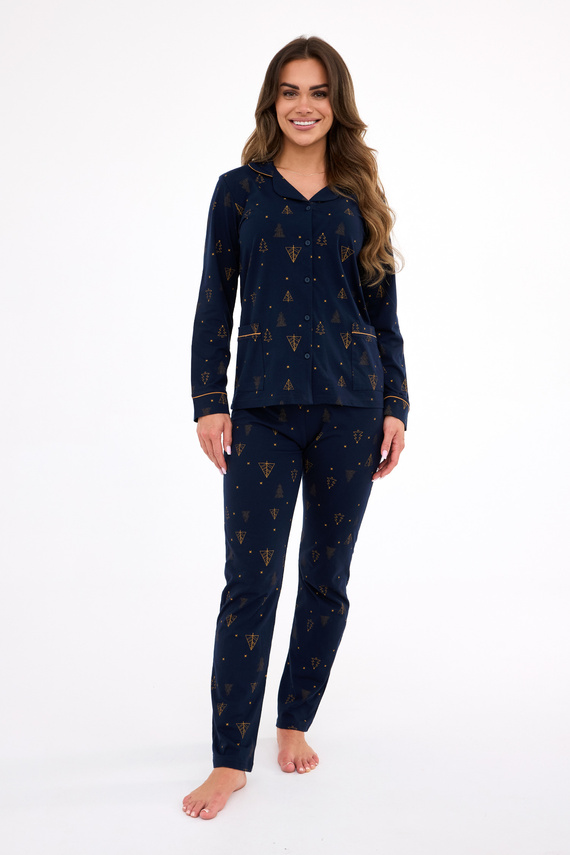 482/447 Pigiama da donna Gold Cornette - Natale, cotone, blu navy, abbottonato
